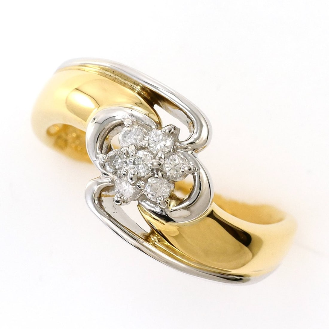 PT850 Platinum 18K Yellow Gold Ring with 0.11ct Diamond, Total Weight 5.3g, Jewelry: --- Catalog ---Category: SizeWidth: 10mm / 0.39''Weight: 5.3g / 0.18oz.JP Size: 9.5US Size: 5Category: DesignType: Band ringColor: Platinum, Yellow goldMetal: Gold, PlatinumStone: DiamondGender: Women