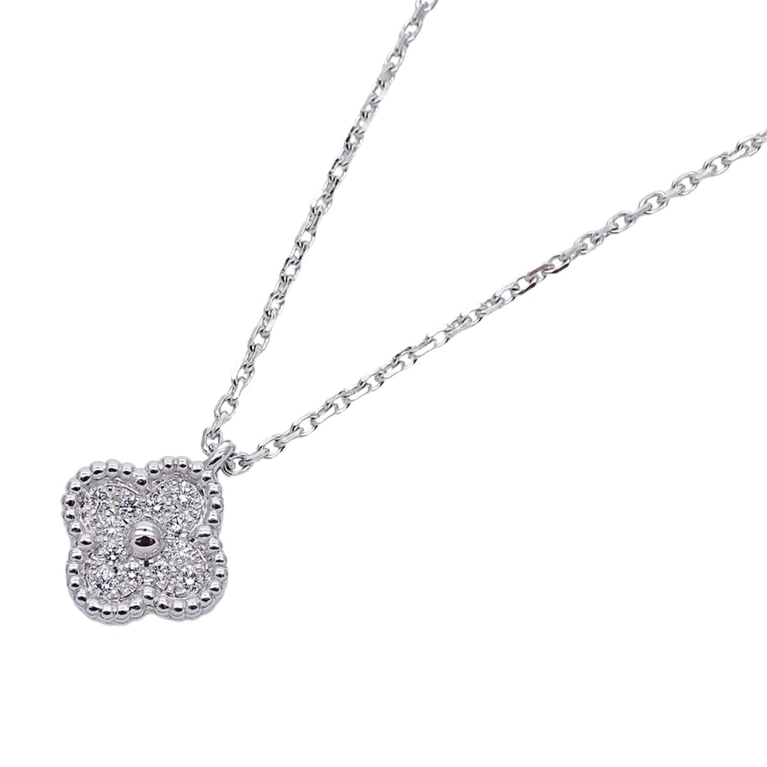 Van Cleef & Arpels Sweet Alhambra Necklace for Women, Brand Name, 750WG White Gold, Diamond, Gold: --- Catalog ---Category: SizePendant Size: 9.2mm x 9.2mm / 0.36'' x 0.36''Neck Circumference: 40.5 cm / 15.94''Category: DesignColor: White goldGender: WomenMaterial: White gold (18K)Necklace Type: Ne