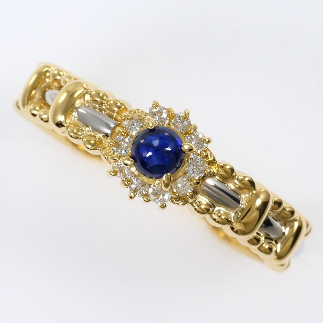 PT900 Platinum 18K Yellow Gold Ring, 1 Sapphire and Diamond 0.10ct, Total Weight 3.2g, Jewelry: --- Catalog ---Category: SizeWidth: 6mm / 0.24''Weight: 3.2g / 0.11oz.JP Size: 12US Size: 6.5Category: DesignType: Band ringColor: Platinum, Yellow goldMetal: Gold, PlatinumStone: Diamond, SapphireGen