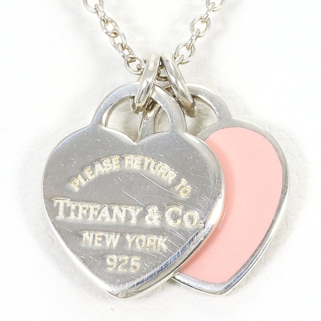 Tiffany & Co. Double Heart Silver Necklace, Total Weight 2.6g, 41cm, Jewelry: --- Catalog ---Category: SizeWeight: 2.6g / 0.09oz.Pendant Size: 14mm x 11mm / 0.55'' x 0.43''Neck Circumference: 41 cm / 16.14''Category: DesignGender: WomenMaterial: Enamel, Silver 925Necklace Type: