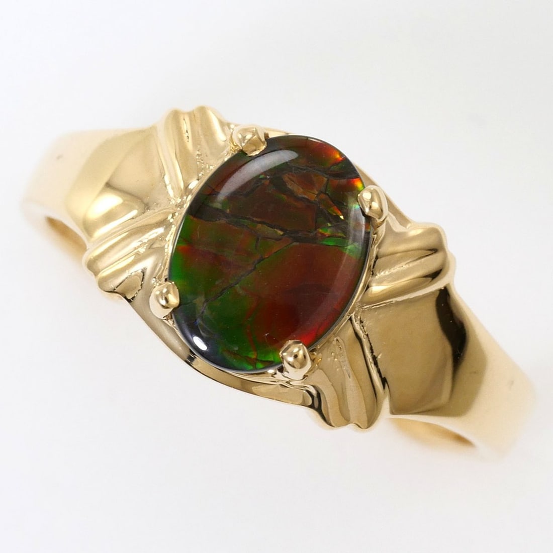 K14 14K YG Yellow Gold Ring with Ammonite Stone, Total Weight 2.2g, Jewelry: --- Catalog ---Category: SizeWidth: 8mm / 0.31''Weight: 2.2g / 0.07oz.JP Size: 10.5US Size: 5.5Category: DesignType: Band ringColor: Yellow goldMetal: GoldStone: AmmoliteGender: WomenMaterial: Yellow 