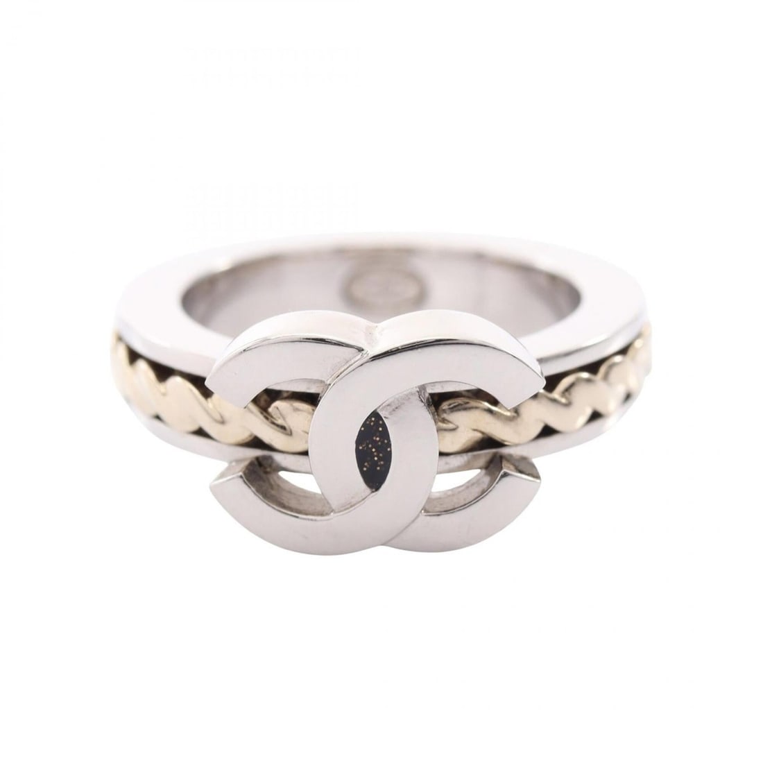 Chanel Coco Mark Ring - Stainless Steel Jewelry for Women Silver/Gold Tones: --- Catalog ---Category: SizeJP Size: 11.5US Size: 6Category: DesignType: Band ringColor: Gold, SilverGender: WomenMaterial: Stainless steelCategory: GeneralBrand: Chanel--- Item List ---Section: Cond