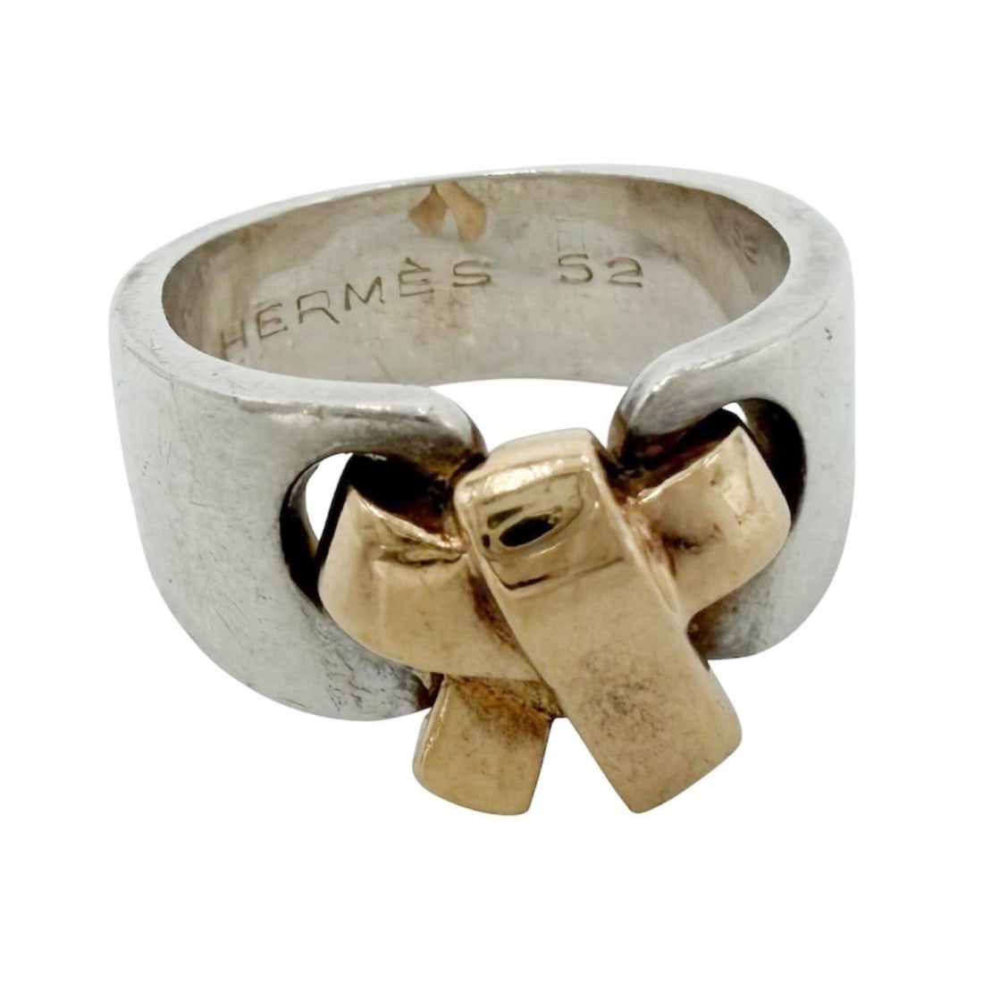 Hermes Women's Ribbon Russet Ring, Vintage Jewelry, Size 52, 18K Gold, HERMES Sterling Silver 925,: --- Catalog ---Category: DesignColor: WhiteGender: WomenSeason: VintageCategory: GeneralBrand: HermesCountry of Origin: Japan--- Item List ---Section: ConditionRanking: Rank AB Used - Traces of usage,