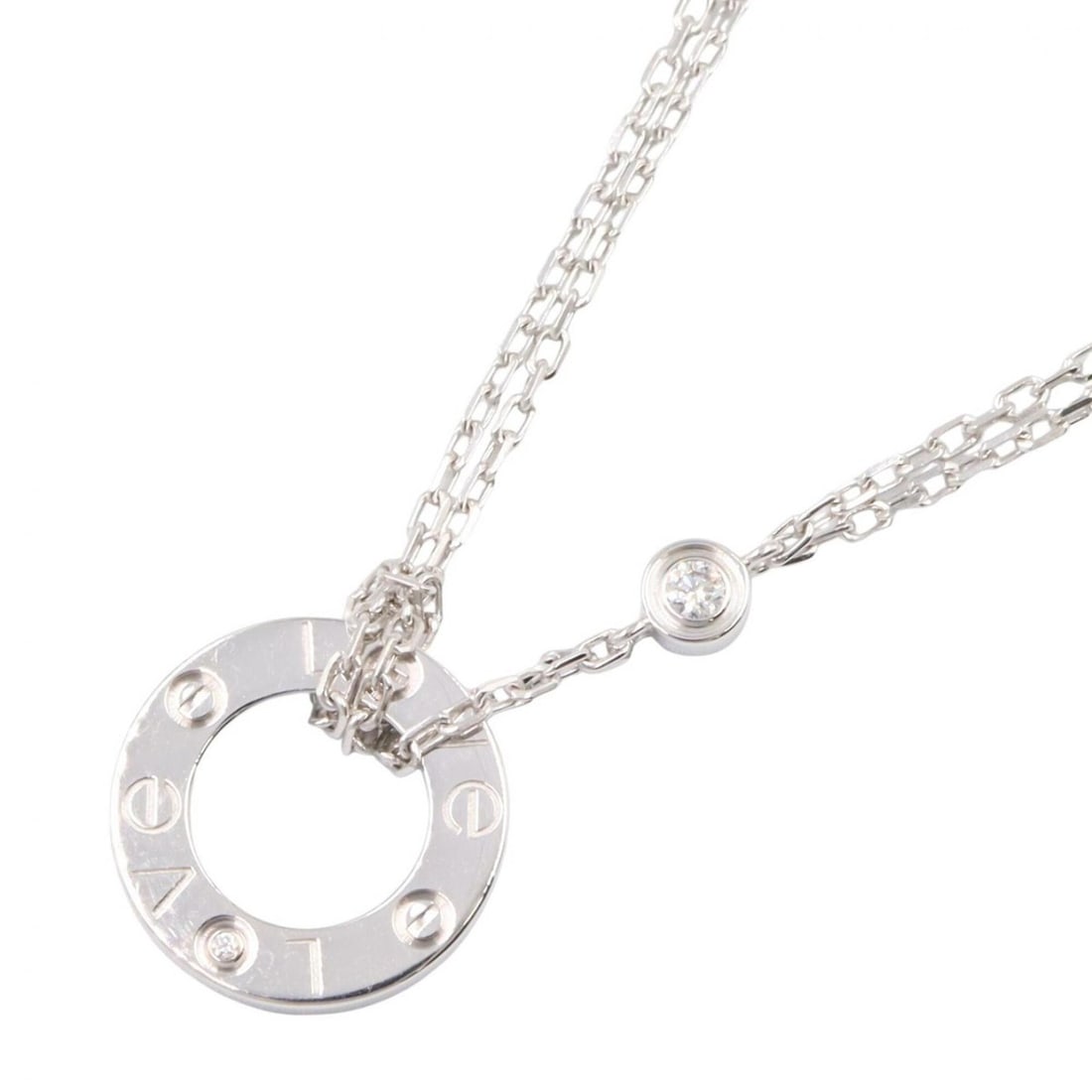 Cartier Love Circle Necklace 2PD Jewelry 18KWG (White Gold) Diamond Women's Silver Tone Clear: --- Catalog ---Category: SizeWeight: 6.5g / 0.22oz.Pendant Size: 13mm x 13mm / 0.51'' x 0.51''Neck Circumference: 38.5 cm - 41.5 cm / 15.15'' - 16.33''Category: DesignMetal: White GoldStone: DiamondGe