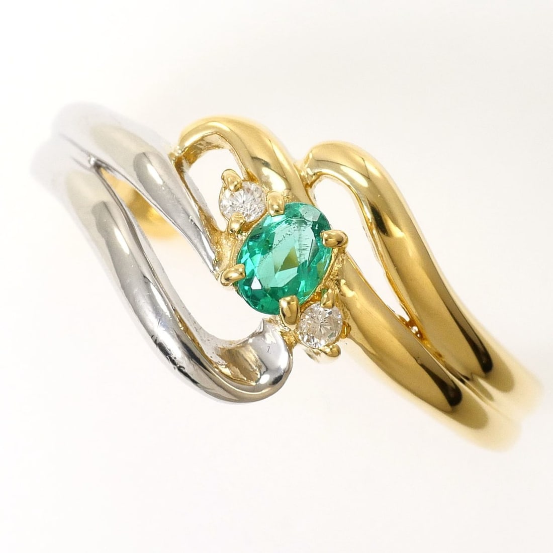 PT850 Platinum 18K Yellow Gold Ring, 1 Emerald 0.16ct, Diamond 0.03ct, Total Weight 3.1g, Like New (1 of 12)