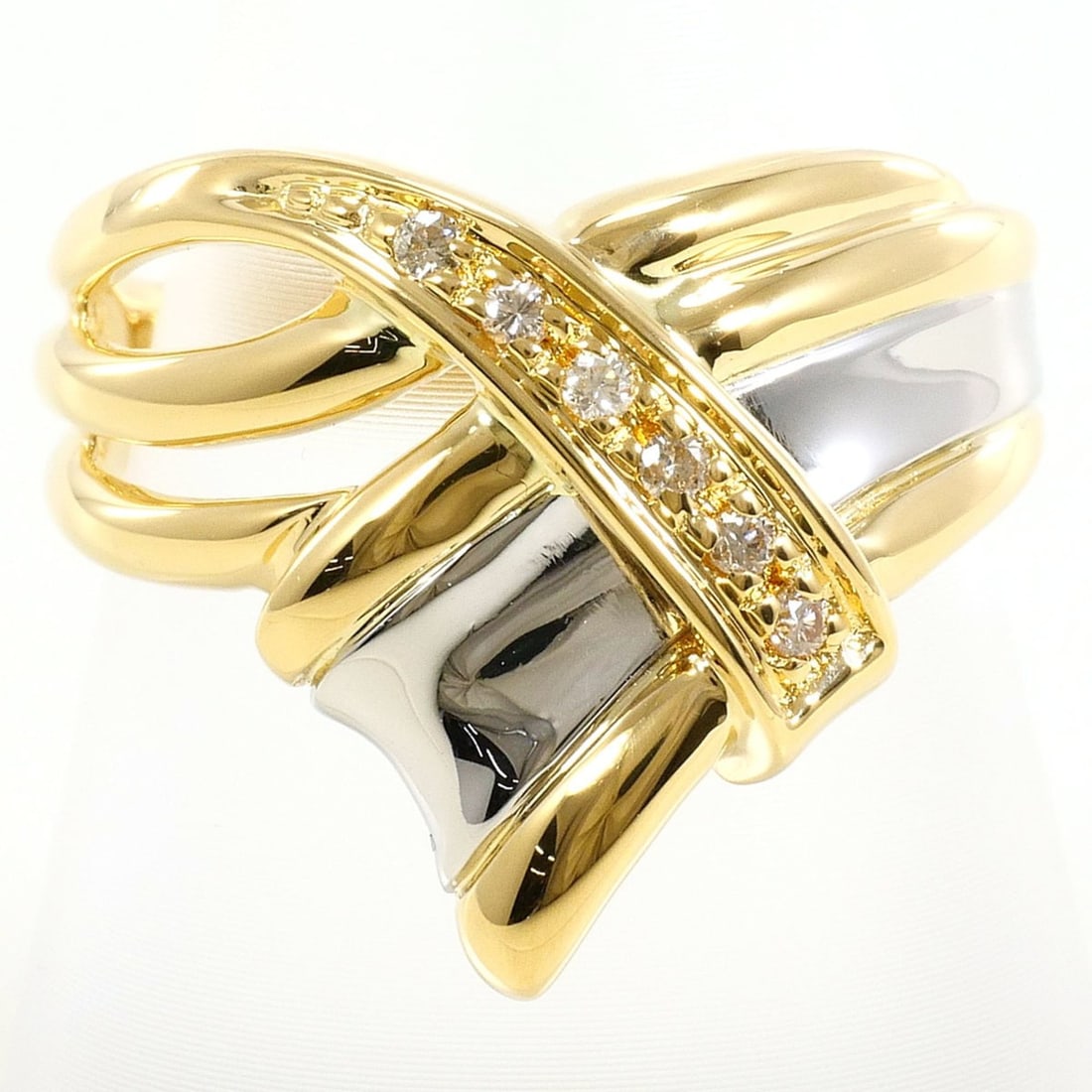 PT850 Platinum 18K Yellow Gold Ring with 0.08ct Diamond, Total Weight 5.9g, Jewelry: --- Catalog ---Category: SizeWidth: 17mm / 0.67''Weight: 5.9g / 0.2oz.JP Size: 12US Size: 6Category: DesignType: Band ringColor: Platinum, Yellow goldMetal: Gold, PlatinumStone: DiamondGender: WomenMa
