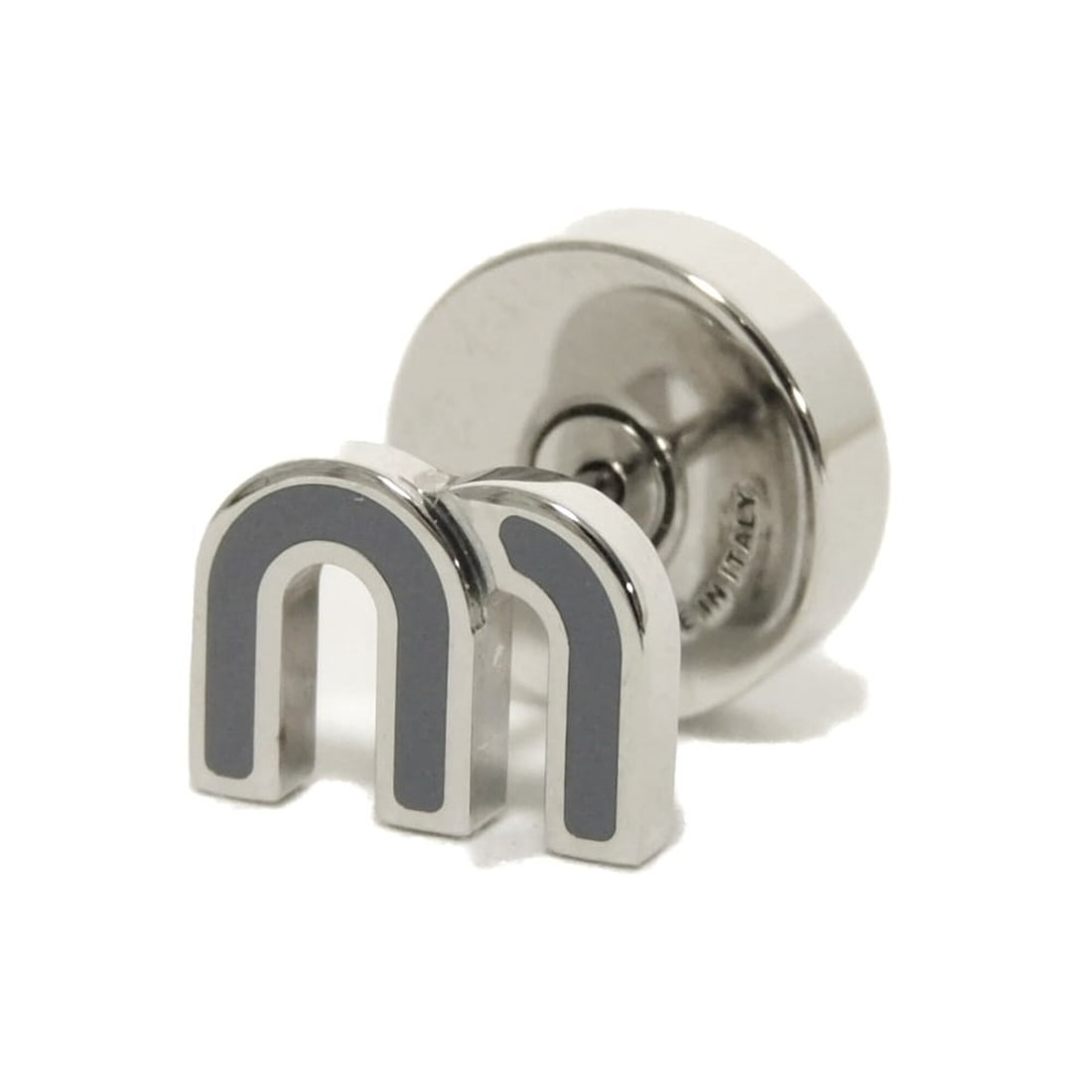 Miu Miu Miu M Logo Earring (Single Only) Ash Gray Metal Silver Stud Earring, Pale Blue Enamel,: --- Catalog ---Category: SizeSize (HxWxD): 7.00mm x 10.00mm / 0.28'' x 0.39''Category: DesignType: Stud earringsColor: Gray, SilverGender: Men,WomenMaterial: EnamelSingle earring: YesCategory: General
