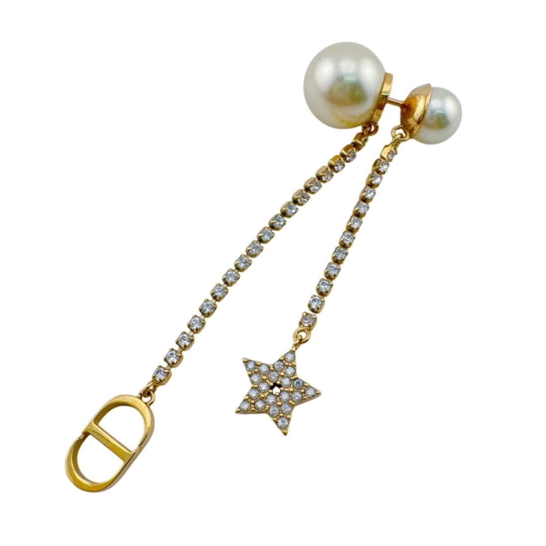 Christian Dior CD Logo Star Earrings, Gold Jewelry: --- Catalog ---Category: SizeSize (HxWxD): 75.00mm x 12.00mm / 2.95'' x 0.47''Category: DesignType: Chain earringsColor: Gold, WhiteStone: Artificial pearl, RhinestoneGender: WomenCategory: GeneralBra