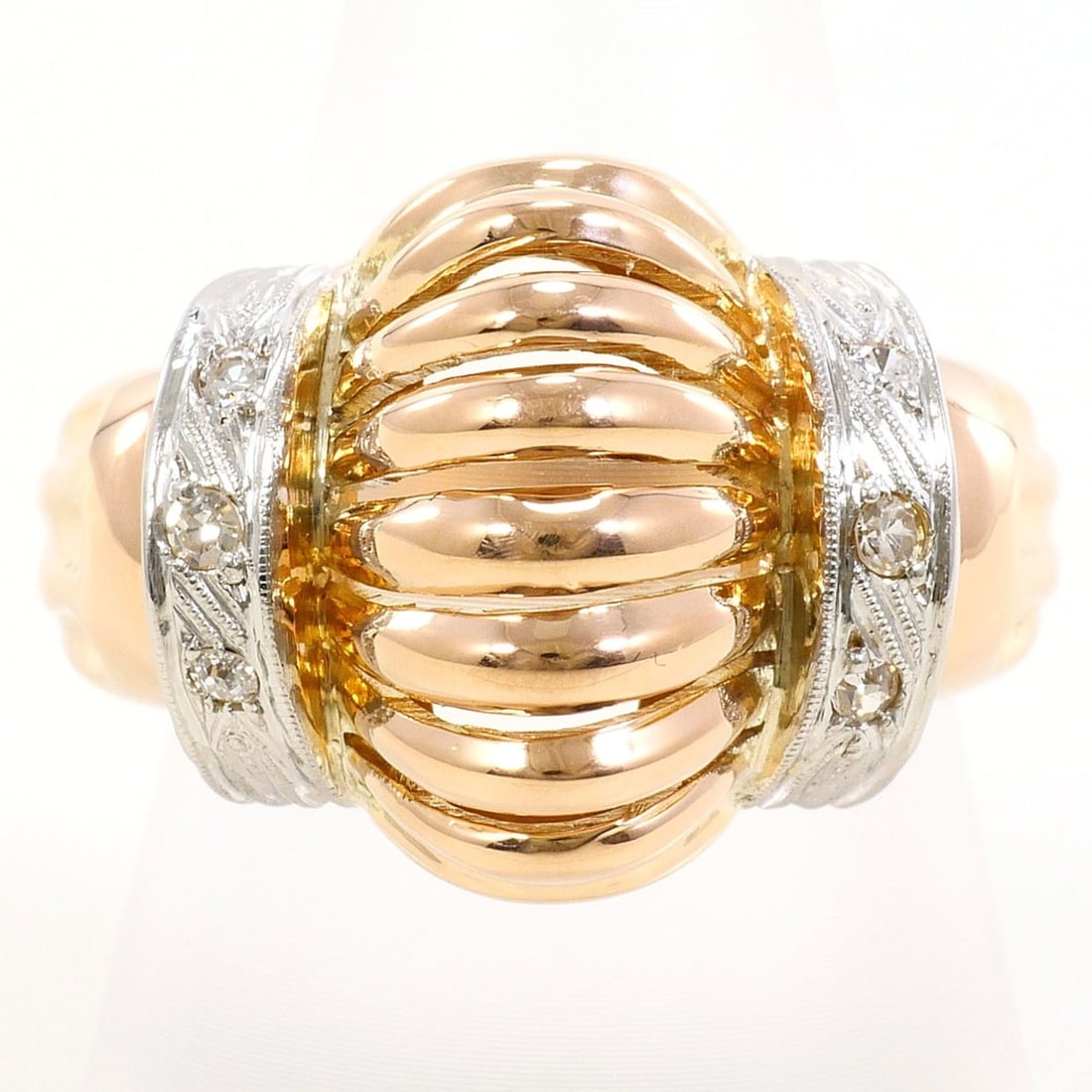 18K (18-karat white gold) ring with diamond (carat mark not stamped), includes appraisal: --- Catalog ---Category: SizeWidth: 17mm / 0.67''Weight: 8.7g / 0.3oz.JP Size: 16US Size: 8Category: DesignType: Band ringColor: Pink gold, White goldMetal: Gold, White GoldStone: DiamondGender: Women