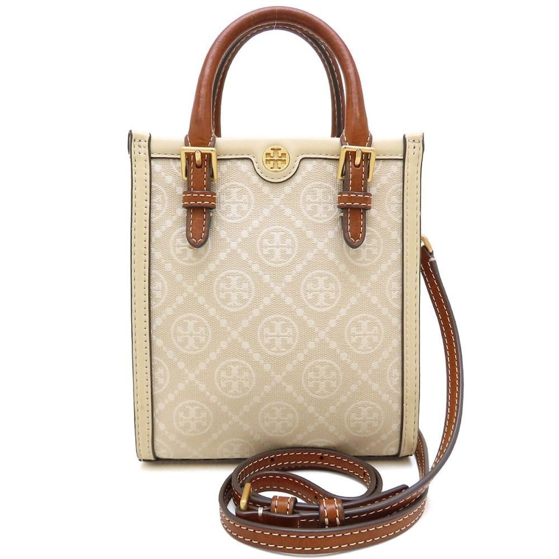Tory Burch T Monogram Jacquard Mini Tote 87146 with Strap, Shoulder Bag, Ivory Brown, Women's 353462: --- Catalog ---Category: SizeSize (HxWxD): 18.5cm x 16cm x 5.5cm / 7.28'' x 6.29'' x 2.16''Category: DesignType: Shoulder bagColor: Brown, IvoryGender: WomenMaterial: Canvas , Leather Category: Genera