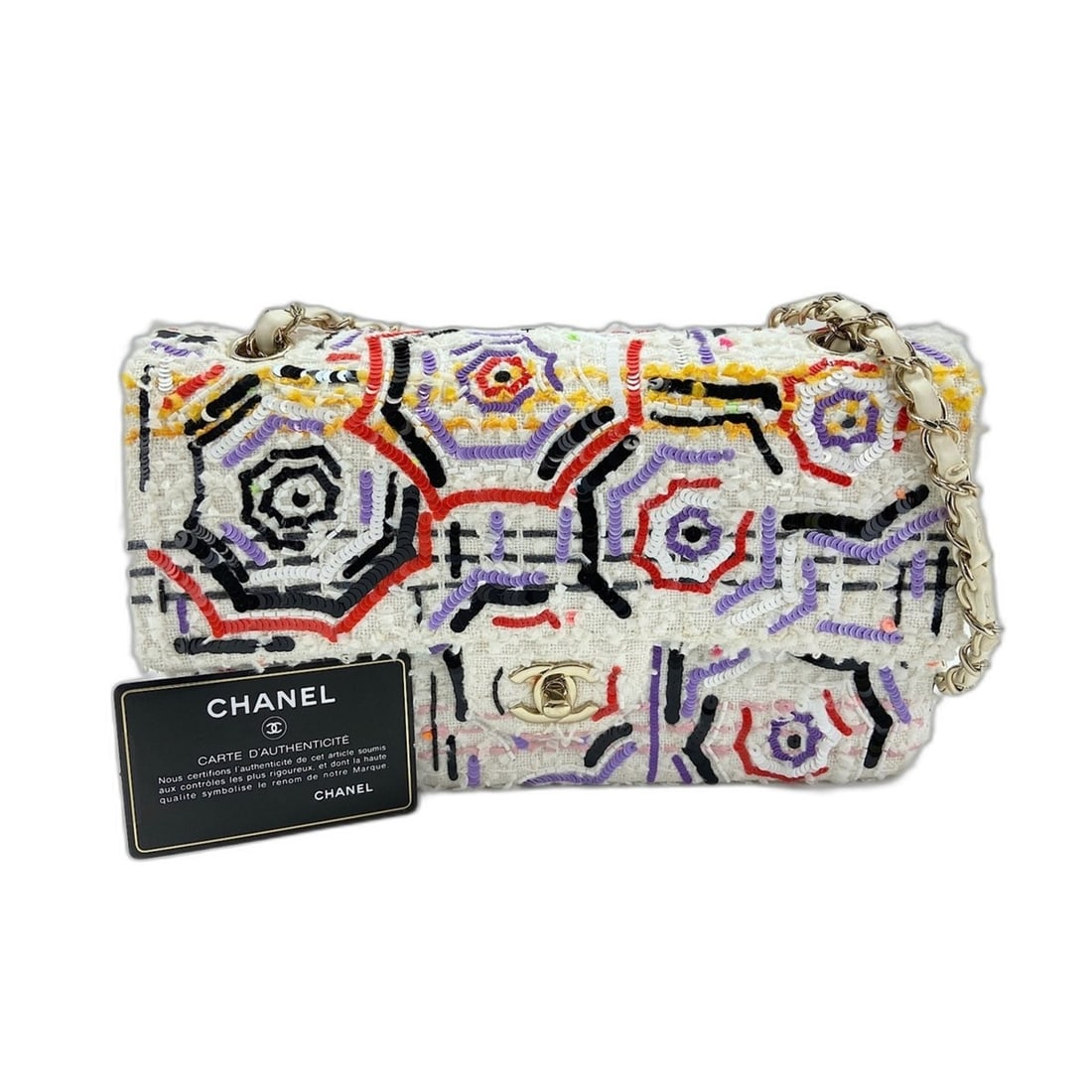 Chanel sequined classic flap tweed shoulder bag with gold hardware, multicolor: --- Catalog ---Category: SizeSize (HxWxD): 13.5cm x 25cm x 7cm / 5.31'' x 9.84'' x 2.75''Category: DesignType: Shoulder bagColor: Multi-colorStyle: ClassicGender: WomenCategory: GeneralBrand: Chanel--