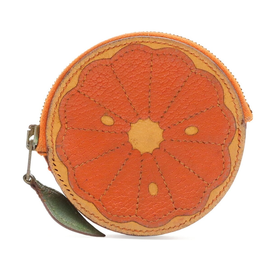HERMES Hermes Wallet/Coin Case Wallet Coin Purse Fruit Orange Motif Leather Green ?F Stamp: --- Catalog ---Category: SizeSize (HxWxD): 8cm x 8cm x 1.5cm / 3.14'' x 3.14'' x 0.59''Category: DesignType: Coin purse/coin caseColor: Green, OrangeGender: WomenMaterial: Leather Category: GeneralBra