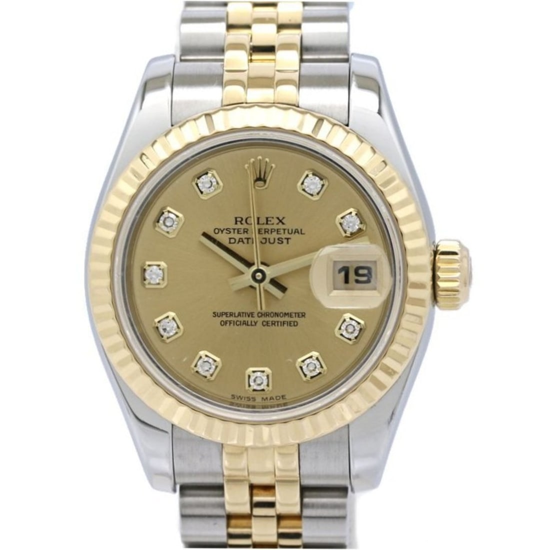 ROLEX Datejust 10P Diamond 179173G Women's Watch SSx18K Yellow Gold 40580: --- Catalog ---Category: SizeWrist Size: 16.5cm / 6.49''Case Diameter: 26mm / 1.02''Category: DesignType: WristwatchGender: WomenColor (Dial): ChampagneMaterial (Band): Stainless steel, Yellow gold (1