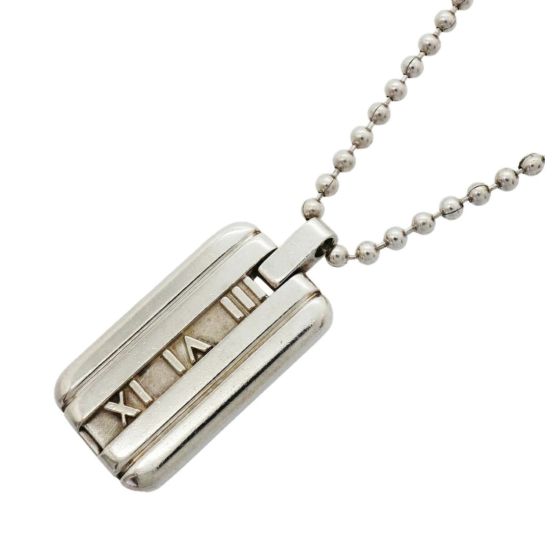 Tiffany & Co. Atlas Plate Ball Chain Necklace, Sterling Silver 925, Women's: --- Catalog ---Category: SizePendant Size: 32.6mm x 15.7mm / 1.28'' x 0.61''Neck Circumference: 41.5 cm / 16.33''Category: DesignGender: WomenMaterial: Silver 925Necklace Type: NecklaceCategory: Gener