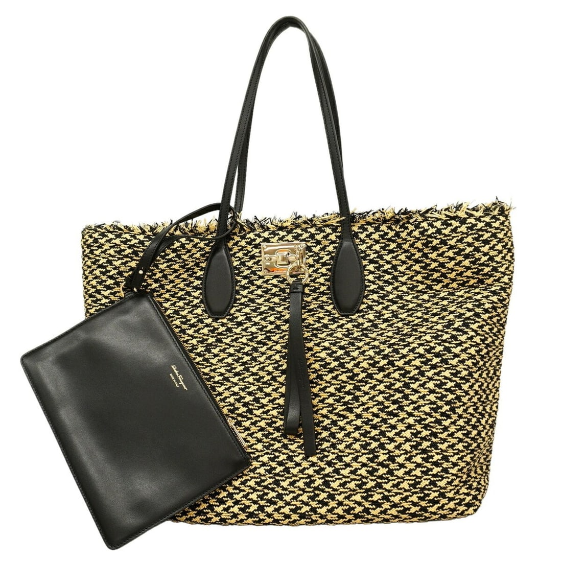 Salvatore Ferragamo Gancini Straw Tote Bag, Black, Beige, Champagne, Women's: --- Catalog ---Category: SizeSize (HxWxD): 32cm x 36cm x 17cm / 12.59'' x 14.17'' x 6.69''Category: DesignType: Tote bagColor: Beige, BlackGender: WomenMaterial: Straw Category: GeneralBrand: Salvator