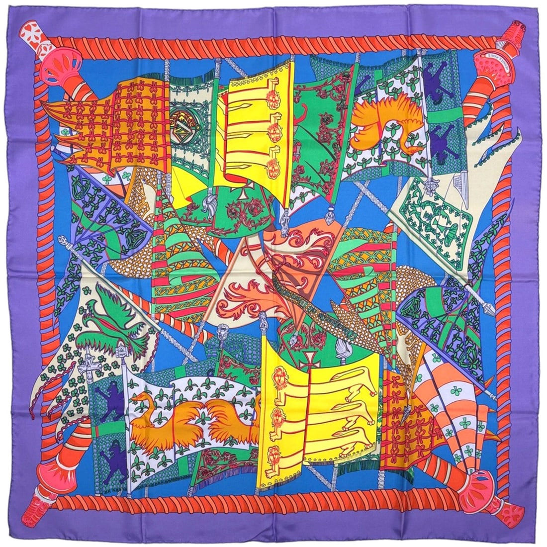 Hermes Carre 90 Etendards et Bonnieres Scarf Muffler Flag Silk Purple Multicolor Women's (1 of 10)