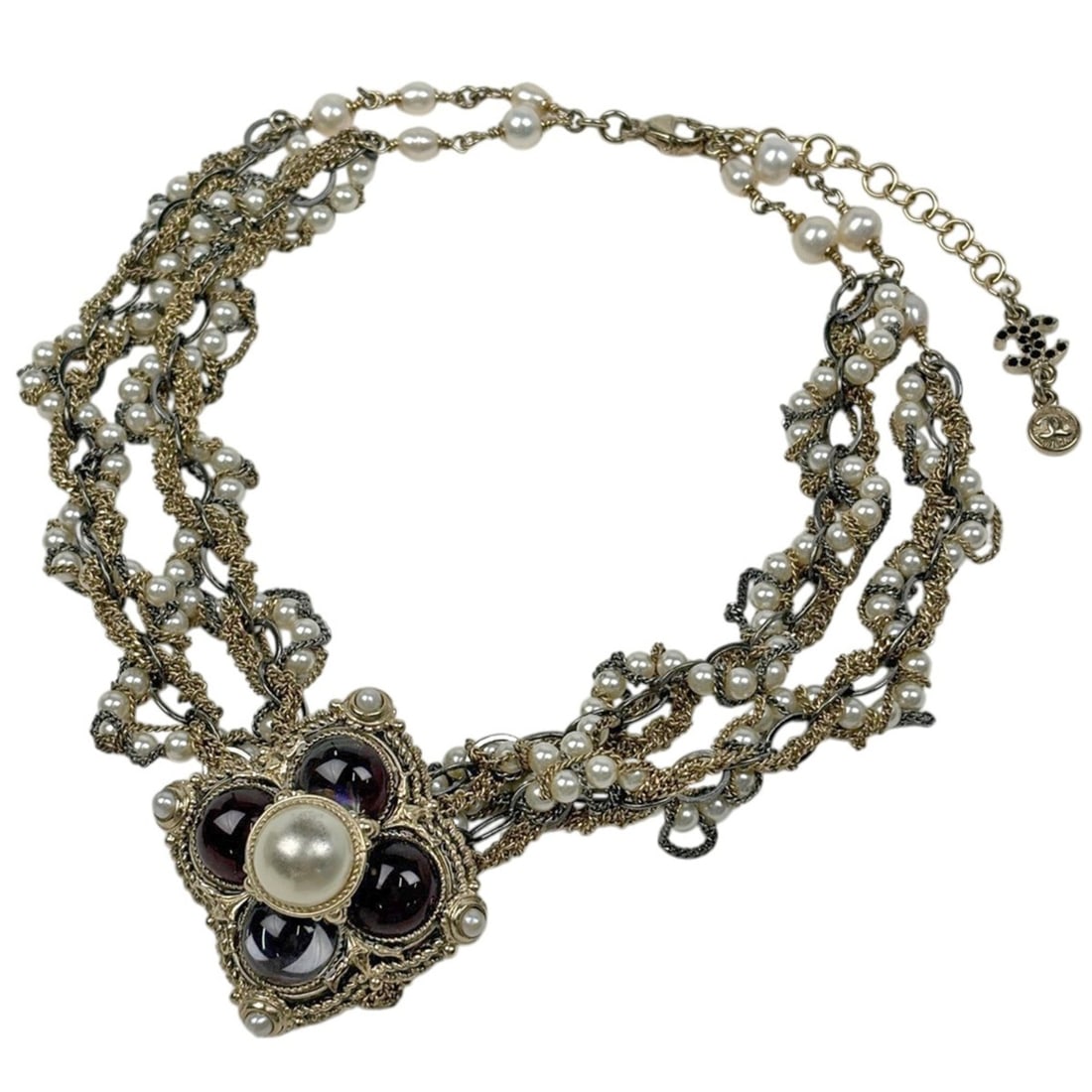 Chanel necklace, Coco Mark design, double strand, gold-plated, faux pearl, rhinestone, women's.: --- Catalog ---Category: SizePendant Size: 43mm x 43mm / 1.69'' x 1.69''Neck Circumference: 40 cm / 15.74''Category: DesignColor: GoldStone: RhinestoneGender: WomenMaterial: Gold platingNecklace Type: