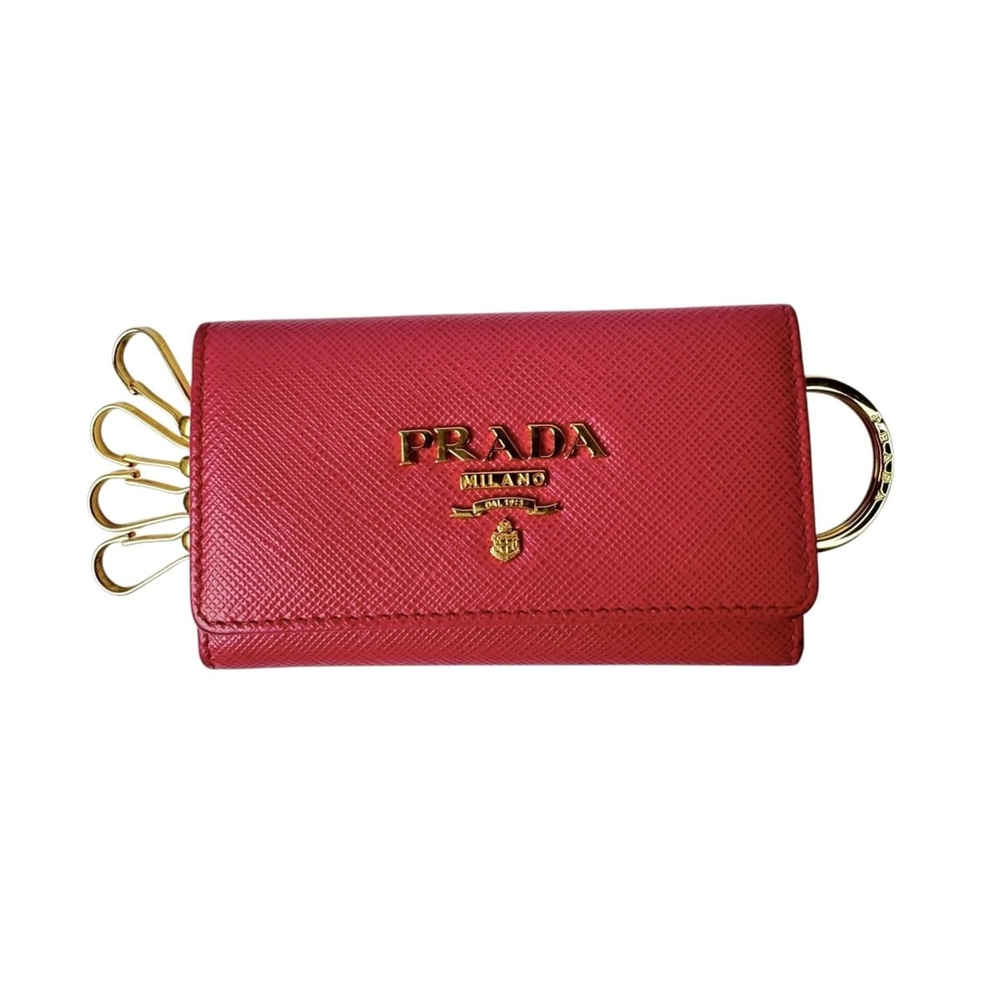 Prada Saffiano Leather Key Case, 6-ring, Women's: --- Catalog ---Category: DesignType: KeycaseColor: PinkGender: WomenMaterial: Leather Category: GeneralBrand: PradaCategory: Physical PropertiesSize (HxWxD): 7cm x 11cm / 2.75'' x 4.33''--- Item List 