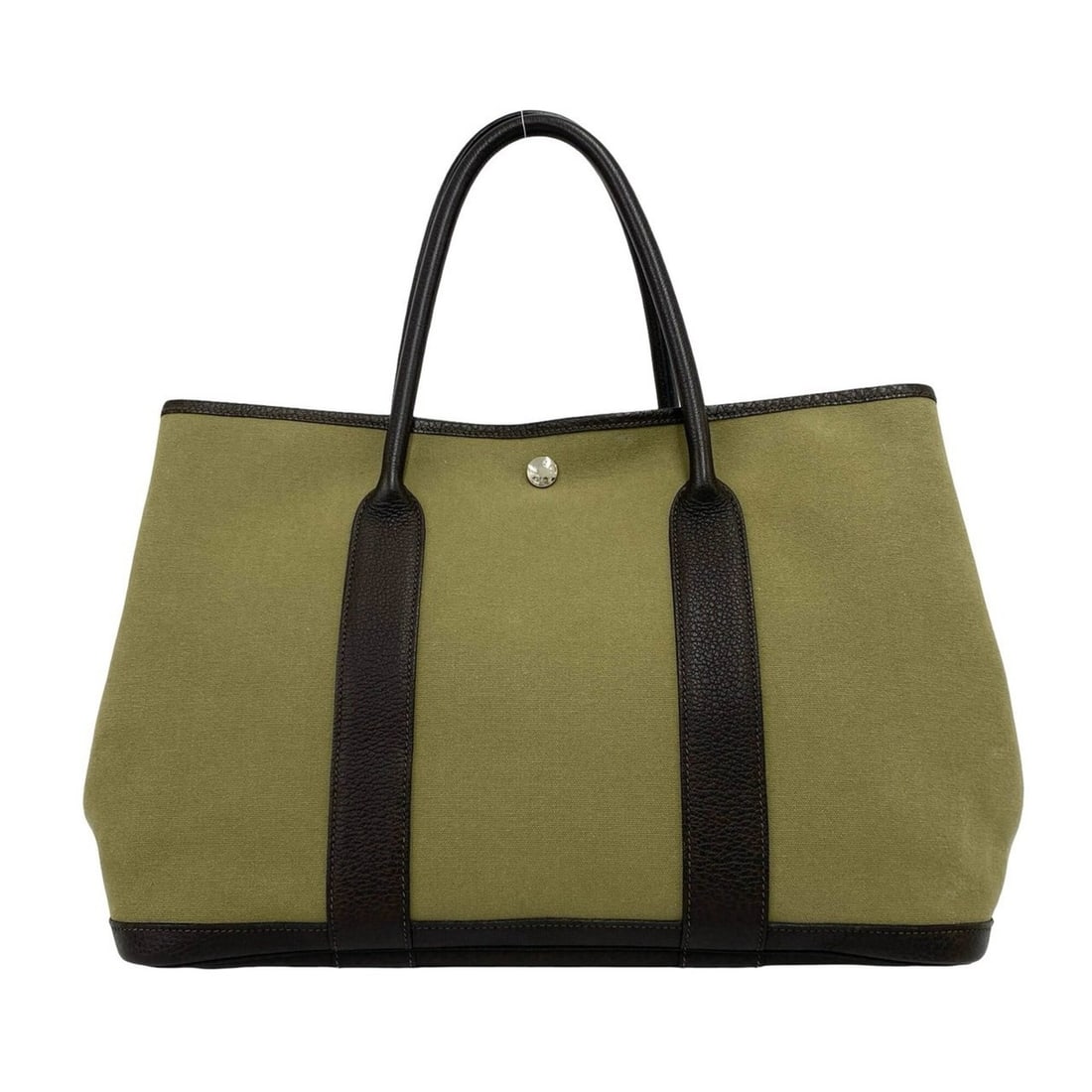 HERMES Garden Party PM Toile Officier Buffle Handbag Tote Bag Khaki Nicotine 16089: --- Catalog ---Category: SizeSize (HxWxD): 26.5cm x 36cm x 18cm / 10.43'' x 14.17'' x 7.08''Category: DesignType: Handbag, Tote bagColor: Brown, KhakiGender: WomenMaterial: Toile officier , Buffalo le