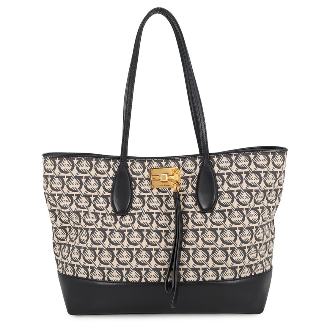 Salvatore Ferragamo Gancini Canvas Leather Tote Bag 21H663 Black Handbag: --- Catalog ---Category: SizeSize (HxWxD): 26cm x 30cm x 17cm / 10.23'' x 11.81'' x 6.69''Category: DesignType: Handbag, Pouch, Tote bagColor: Beige, BlackGender: WomenMaterial: Canvas , Leather Categ