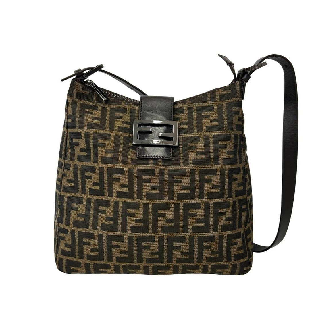 FENDI Vintage Zucca FF Pattern Canvas Leather Shoulder Bag Tote Brown 19488: --- Catalog ---Category: SizeSize (HxWxD): 26cm x 27cm x 8cm / 10.23'' x 10.62'' x 3.14''Category: DesignType: Shoulder bag, Tote bagColor: Black, BrownGender: WomenMaterial: Canvas , Leather Category