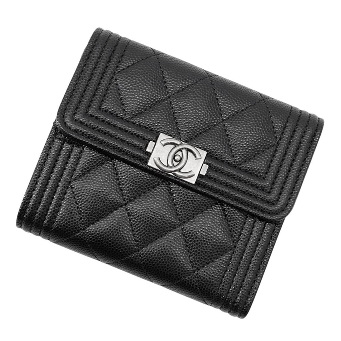 Chanel Tri-fold Wallet Boy Coco Mark Matelassé Caviar Skin A80734 CHANEL Black WALLET: --- Catalog ---Category: SizeSize (HxWxD): 10cm x 11.5cm / 3.93'' x 4.52''Category: DesignType: Wallet (tri-fold)Color: BlackGender: WomenMaterial: Grained Calfskin Inner Pocket: Bill slot 1, Coin pur