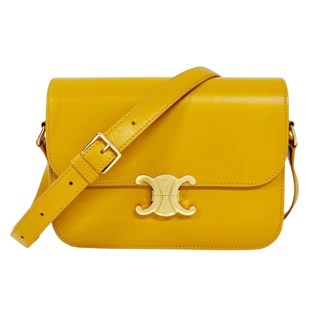 Celine Triomphe Shoulder Bag, Calfskin, Yellow (OCRE), Women's: --- Catalog ---Category: SizeSize (HxWxD): 16cm x 22cm x 6cm / 6.29'' x 8.66'' x 2.36''Strap Length: 115cm / 45.27''Category: DesignType: Shoulder bagColor: YellowGender: WomenMaterial: Leather Leathe