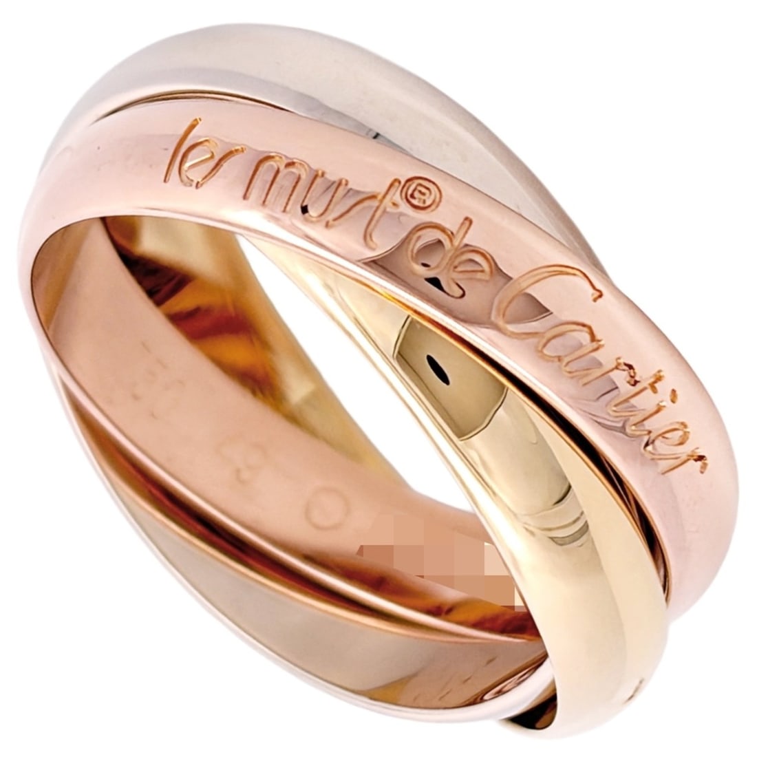 Cartier Trinity MM Ring, Size #49, 18K Yellow Gold (6.9g), Pink (18K White Gold), 3-color design: --- Catalog ---Category: SizeWidth: 3.4mm / 0.13''Weight: 6.9g / 0.24oz.US Size: 5Brand Size: 49Category: DesignType: Band ringGender: WomenMaterial: Pink gold (18K), White gold (18K), Yellow gold (18