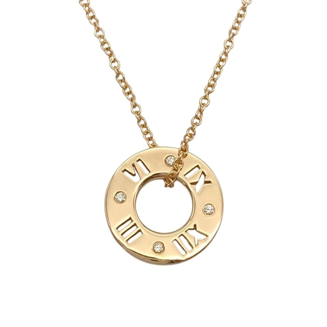 Tiffany & Co. Atlas Pierced Circle Necklace, 18K Pink Gold, 3.1g, Yellow 4 Diamonds, Women's.: --- Catalog ---Category: SizeWeight: 3.1g / 0.1oz.Pendant Size: 12mm x 12mm / 0.47'' x 0.47''Neck Circumference: 4 cm / 1.57''Category: DesignStone: DiamondGender: WomenMaterial: Pink gold (18K)Neckla