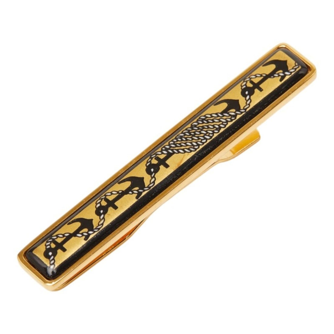 Hermes enamel cloisonné anchor logo tie clip, gold and black plated, for men.: --- Catalog ---Category: SizeSize (HxWxD): 0.82mm x 5.94mm / 0.03'' x 0.23''Category: DesignType: Tie pinColor: Black, GoldGender: MenCategory: GeneralBrand: Hermes--- Item List ---Section: ConditionR