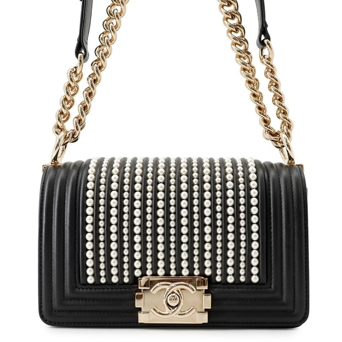 Chanel Chain Shoulder Bag Boy Small Matelassé Coco Mark Faux Pearl Leather A67085 Black Handbag: --- Catalog ---Category: SizeWeight: 750g / 1.65lb.Size (HxWxD): 12cm x 20cm x 6.5cm / 4.72'' x 7.87'' x 2.55''Strap Length: 67cm - 110cm / 26.37'' - 43.3''Category: DesignType: Shoulder bagColor: Bla