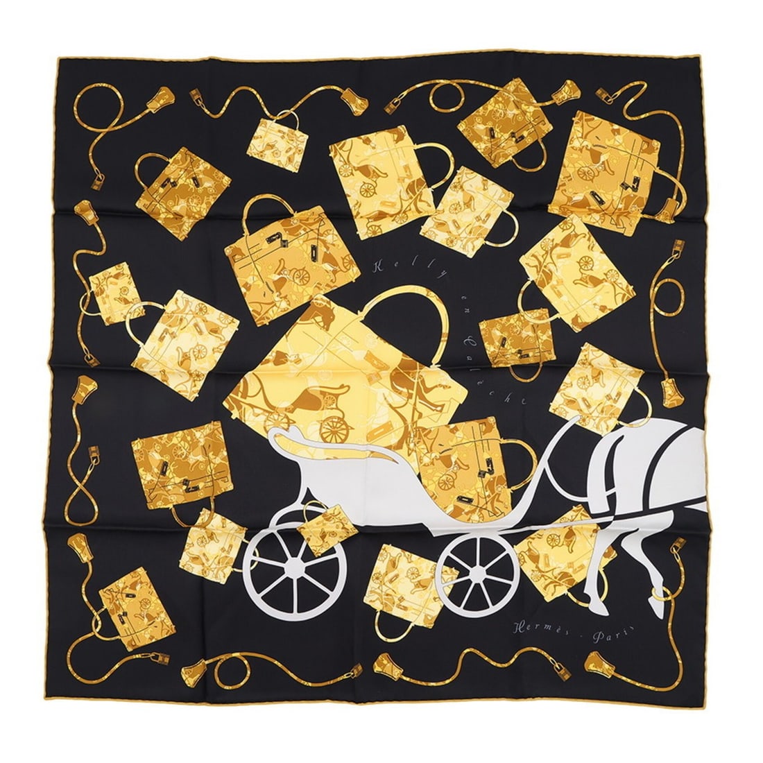 Hermes scarf muffler Carre 65 Kelly en Caleche Silk HERMES Black SCARF: --- Catalog ---Category: SizeSize (LxW): 65cm x 65cm / 25.59'' x 25.59''Category: DesignType: ScarfColor: Black, GoldGender: WomenMaterial: Silk 100%Category: GeneralBrand: HermesCountry of Origin: Fr