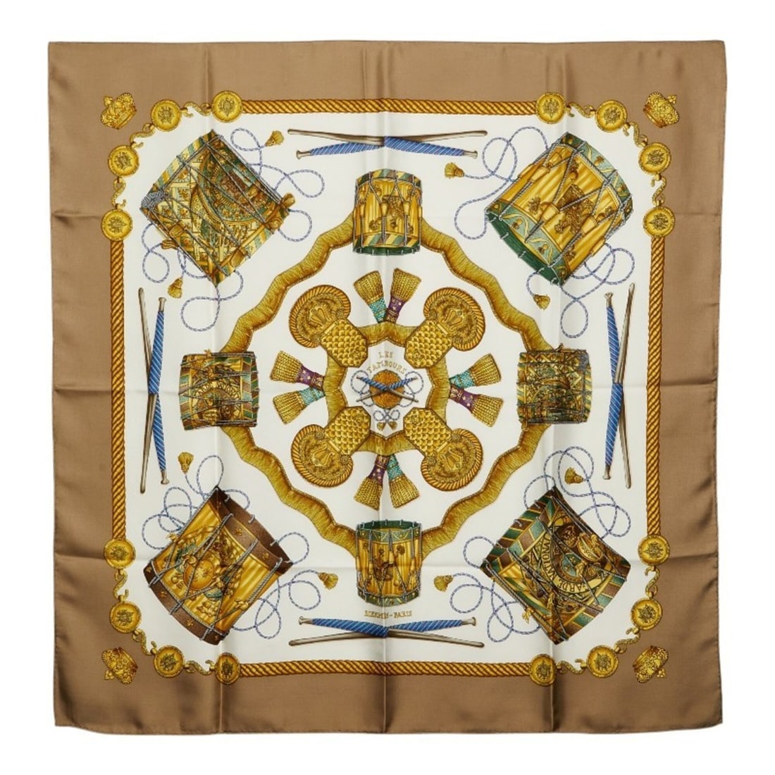 Hermes Carre 90 LES TAMBOURS (The Tambour Drum) Beige Scarf/Muffler, Beige/White Multicolor Silk,: --- Catalog ---Category: SizeSize (LxW): 87.5cm x 88cm / 34.44'' x 34.64''Category: DesignType: ScarfColor: Beige, Multi-color, WhiteGender: WomenMaterial: Silk Category: GeneralBrand: Hermes--- Item 
