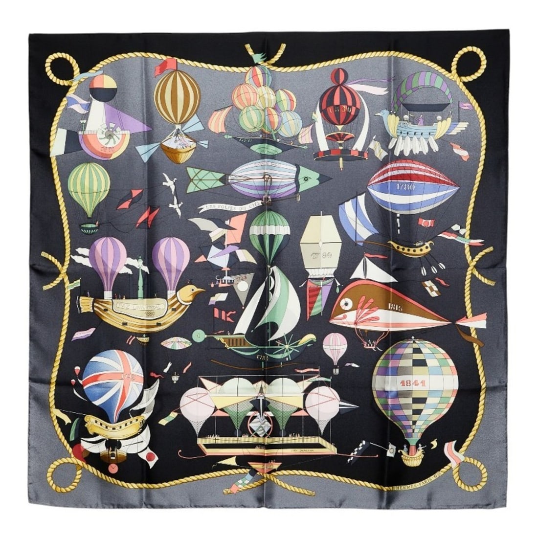 Hermes Carre 90 LES FOLIES DU CIEL (Madness of the Sky) Scarf/Muffler, Black/Multicolor Silk,: --- Catalog ---Category: SizeSize (LxW): 87.5cm x 86.5cm / 34.44'' x 34.05''Category: DesignType: ScarfColor: Black, Multi-colorGender: WomenMaterial: Silk Category: GeneralBrand: Hermes--- Item List 