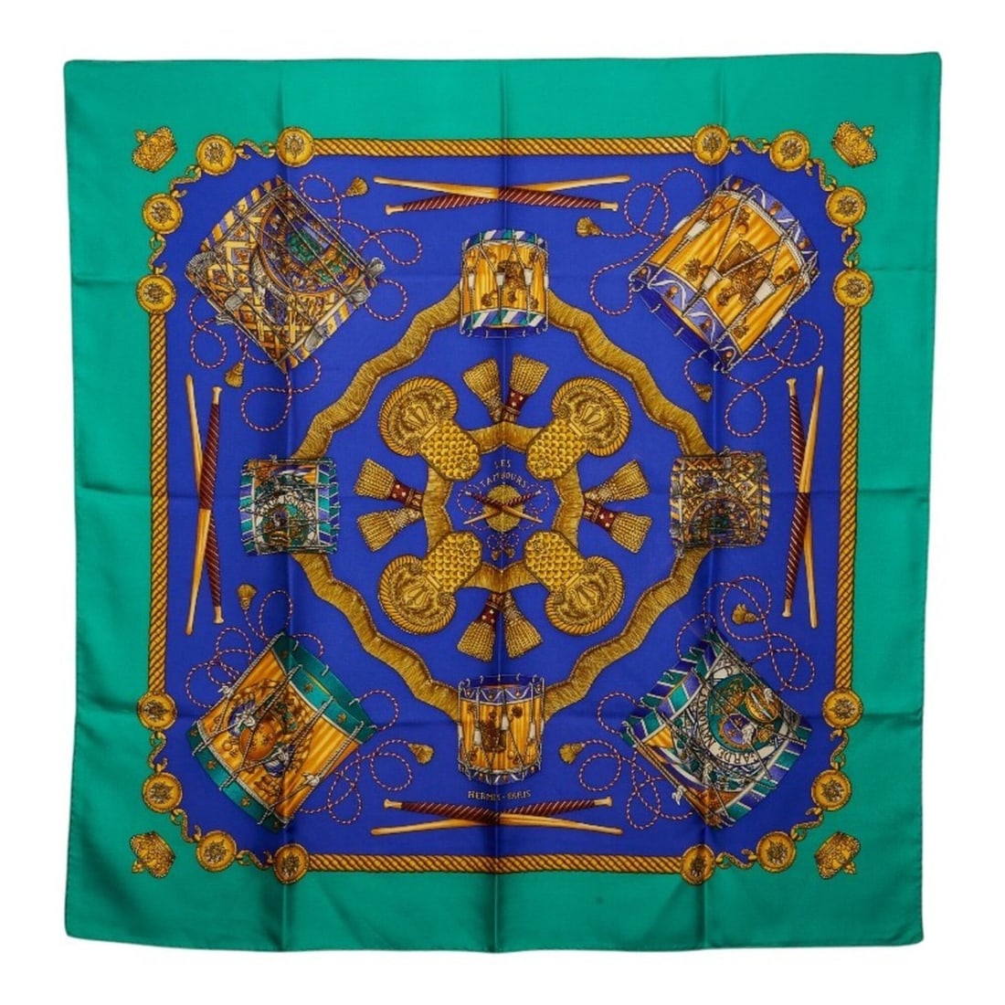 Hermes Carre 90 LES TAMBOURS (The Tambour Drum) Scarf/Muffler, Green/Blue Multicolor Silk, Women's. (1 of 8)