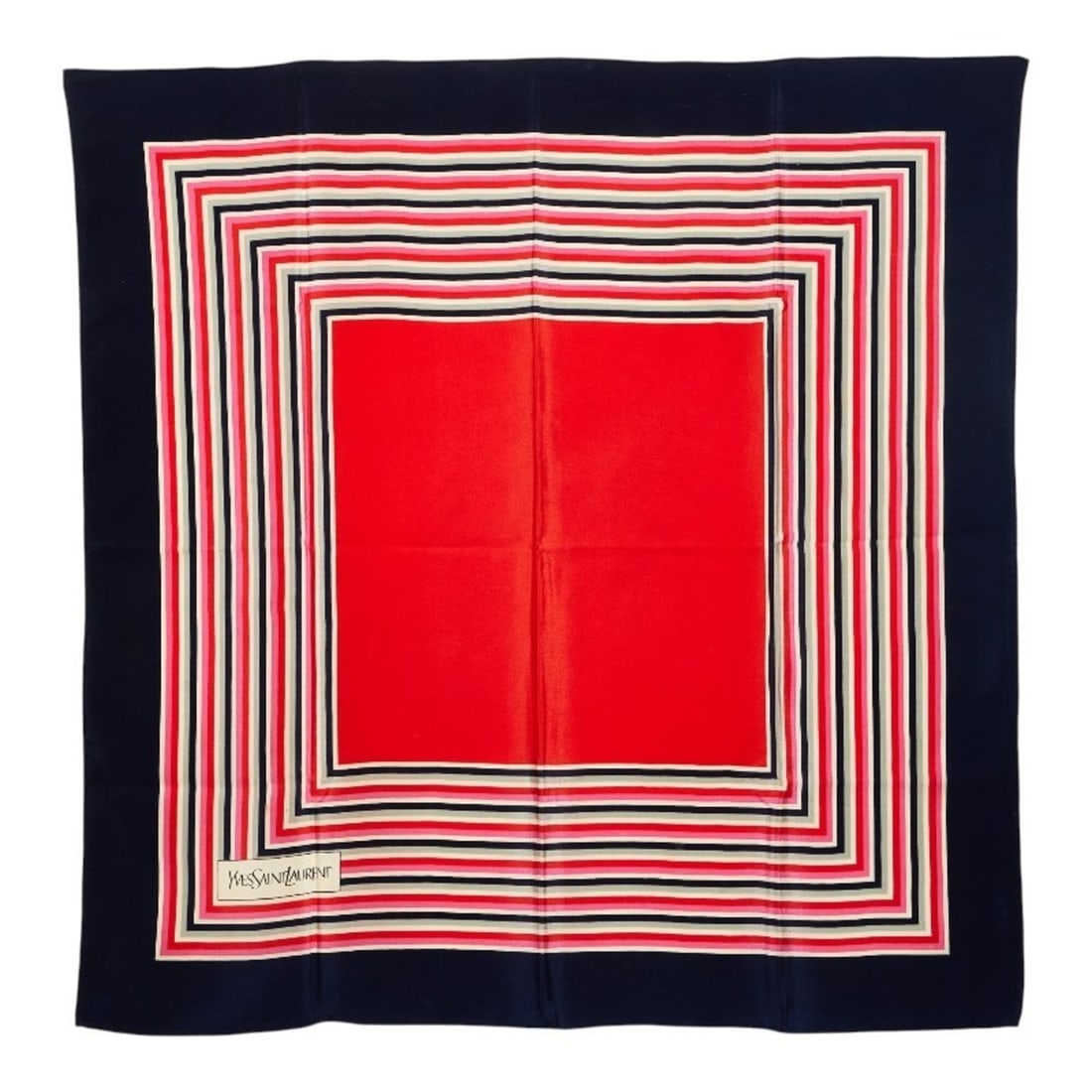Saint Laurent Vintage Logo Scarf/Muffler, Navy/Red Tones, Silk, Women's.: --- Catalog ---Category: SizeSize (LxW): 76.5cm x 76cm / 30.11'' x 29.92''Category: DesignType: ScarfColor: Navy, Red colorGender: WomenSeason: VintageMaterial: Silk Category: GeneralBrand: Saint Laur