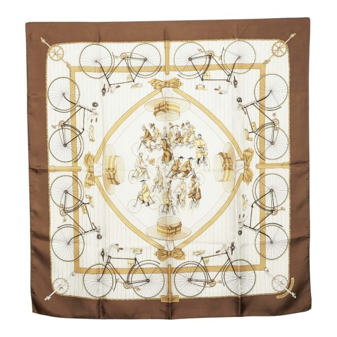 Hermes Carre 90 Les Becanes Bicycle Scarf/Muffler, Brown/White/Multicolor Silk, Women's.: --- Catalog ---Category: SizeSize (LxW): 87cm x 88cm / 34.25'' x 34.64''Category: DesignType: ScarfColor: Brown, Multi-color, WhiteGender: WomenMaterial: Silk Category: GeneralBrand: Hermes--- Item Li