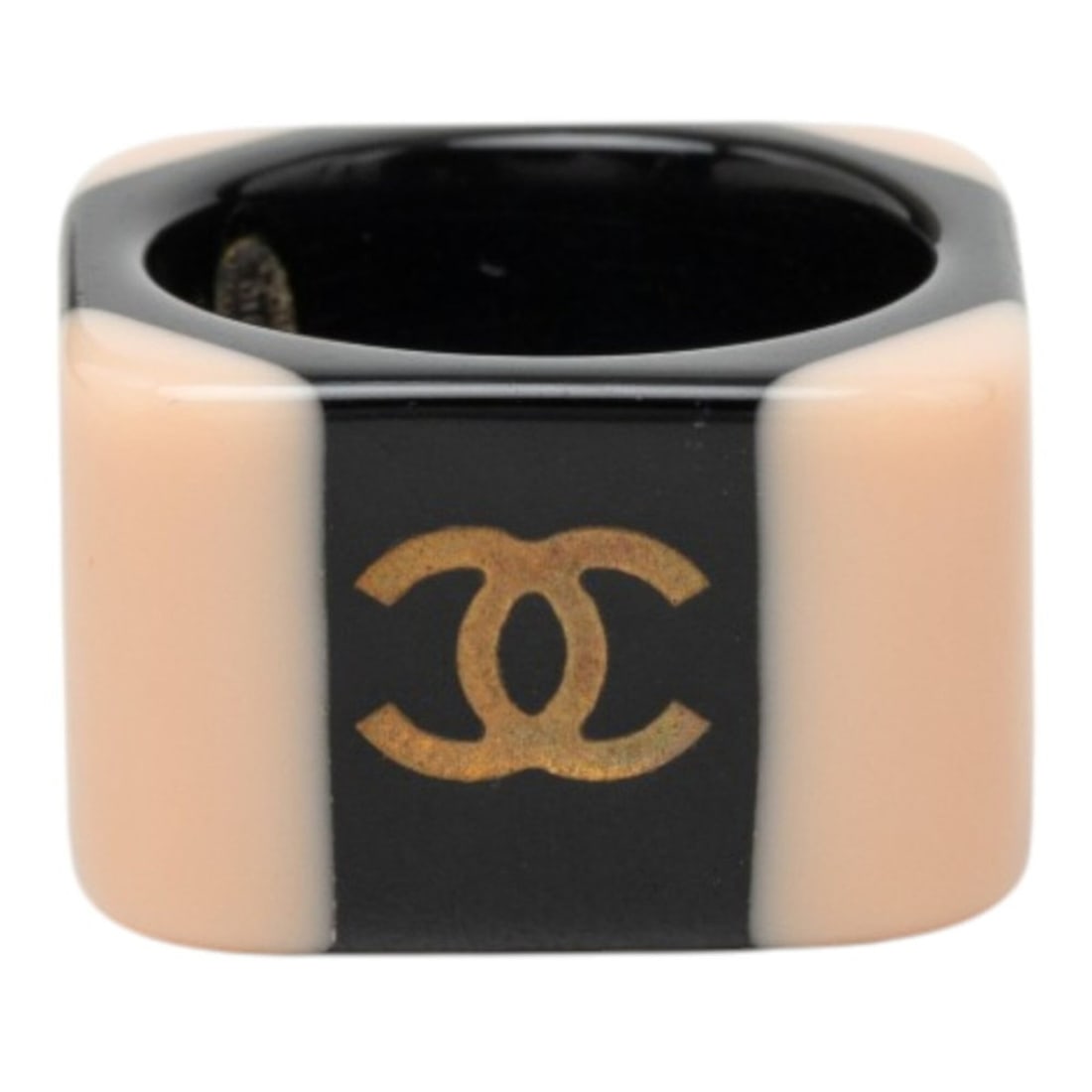 Chanel Coco Mark Ring, 01A, Black/Beige Plastic, Women's, CHANEL: --- Catalog ---Category: SizeJP Size: 13US Size: 6.5Category: DesignType: Band ringGender: WomenMaterial: PlasticCategory: GeneralBrand: Chanel--- Item List ---Section: ConditionRanking: Rank AB Used 