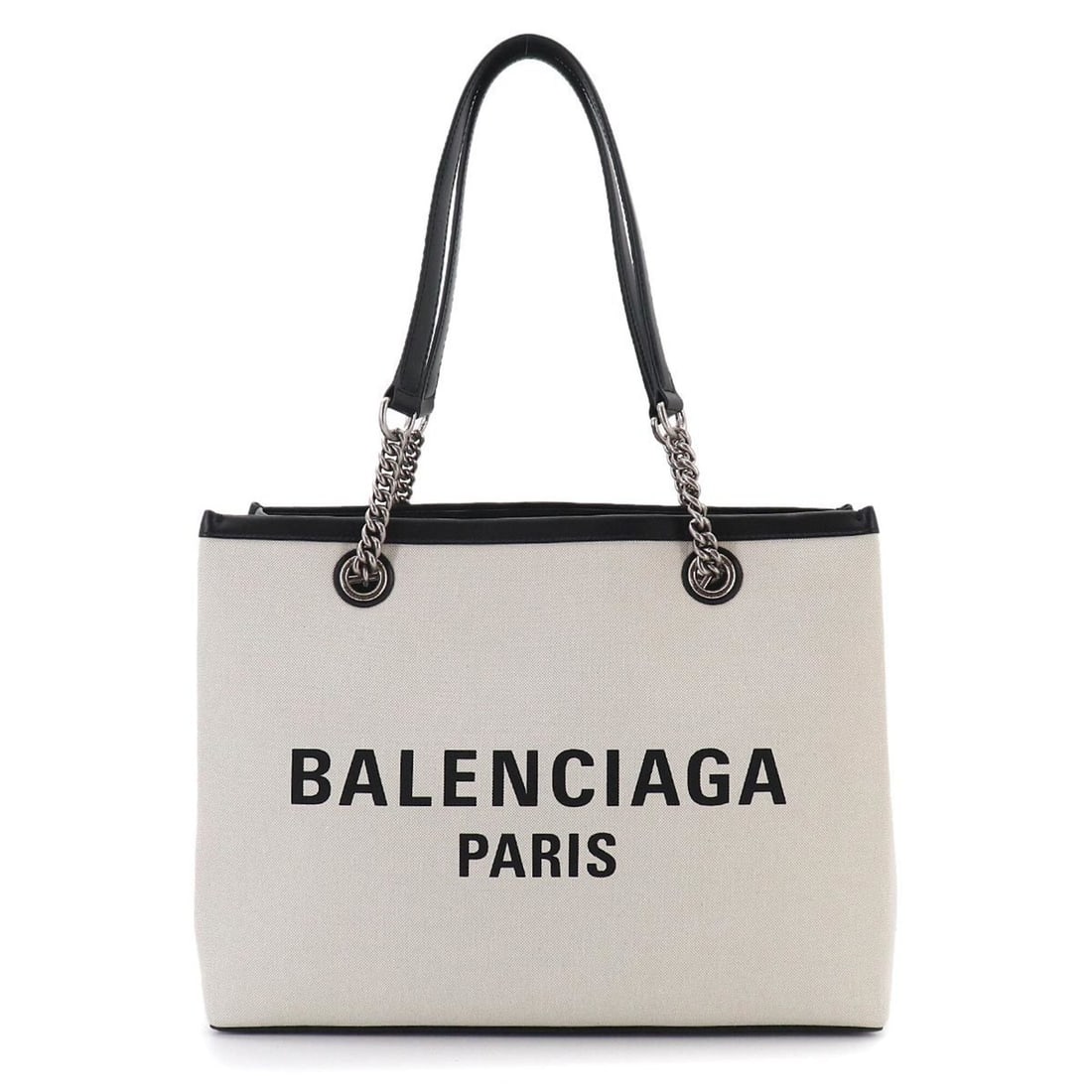 Balenciaga Duty Free Tote Handbag, Canvas and Leather, White Black, 759973, Silver Hardware. (1 of 11)