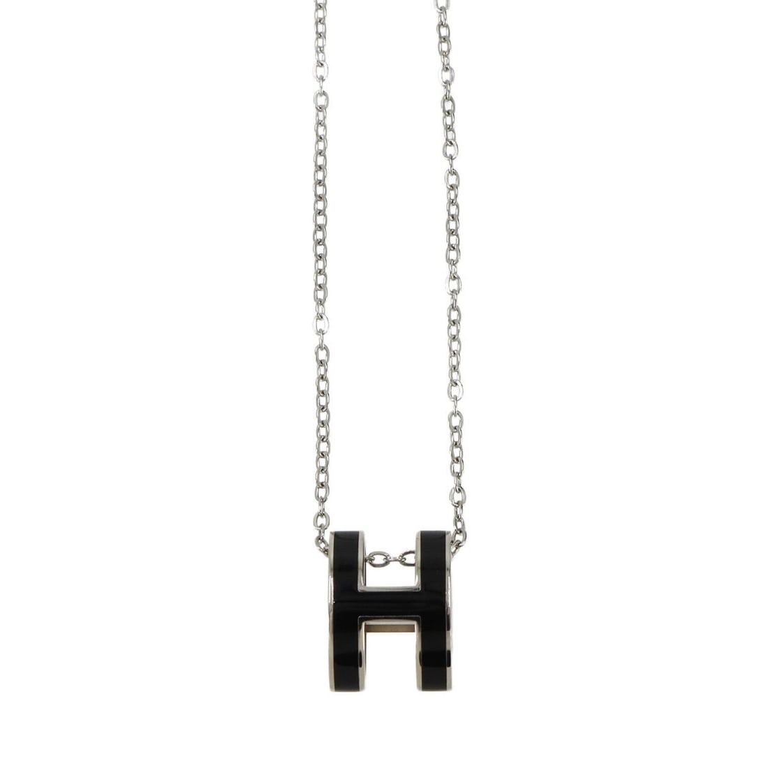 Hermes Pop H Necklace, Black and Silver: --- Catalog ---Category: SizePendant Size: 16mm x 12mm / 0.62'' x 0.47''Neck Circumference: 40.5 cm / 15.94''Category: DesignColor: Black, SilverGender: WomenNecklace Type: NecklaceCategory: GeneralBr