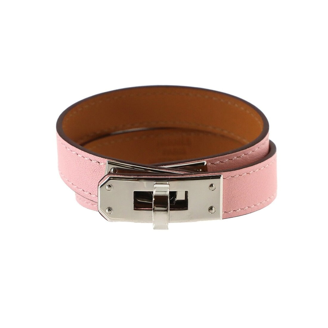 Hermes Kelly Double Tour Bracelet, Swift Leather, Rose Sakura, Y Stamp, T2, Silver Hardware.: --- Catalog ---Category: SizeLength: 14.5cm / 5.7''Category: DesignType: Charm braceletColor: Rose sakura, SilverGender: WomenMaterial: Swift leatherCategory: GeneralBrand: HermesCountry of Origin: Fr