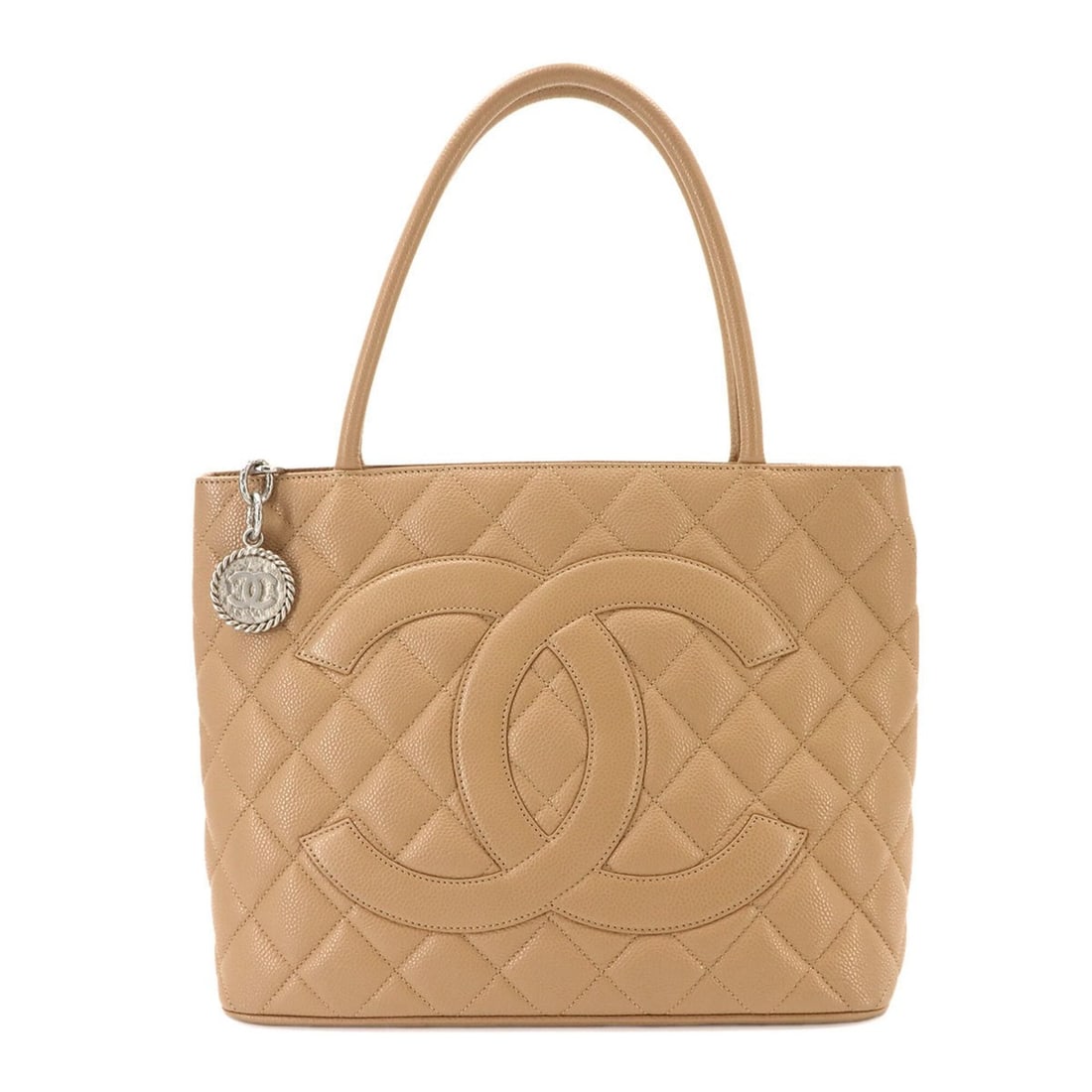 Chanel Medallion Tote Bag, a reissue of classic design, made caviar leather in beige, with silver: --- Catalog ---Category: SizeSize (HxWxD): 24cm x 29.5cm x 14cm / 9.44'' x 11.61'' x 5.51''Category: DesignType: Handbag, Tote bagColor: BeigeGender: WomenMaterial: Grained Calfskin Category: GeneralM