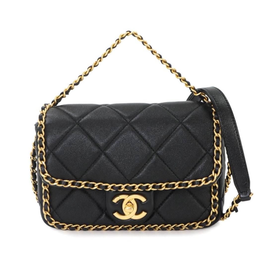Chanel Matelasse 2-way Chain Shoulder Handbag, Calfskin, Black with Gold Hardware.: --- Catalog ---Category: SizeSize (HxWxD): 12cm x 18cm x 6cm / 4.72'' x 7.08'' x 2.36''Category: DesignType: Handbag, Shoulder bagColor: BlackGender: WomenMaterial: Leather Leather/Fur Type: CalfskinC