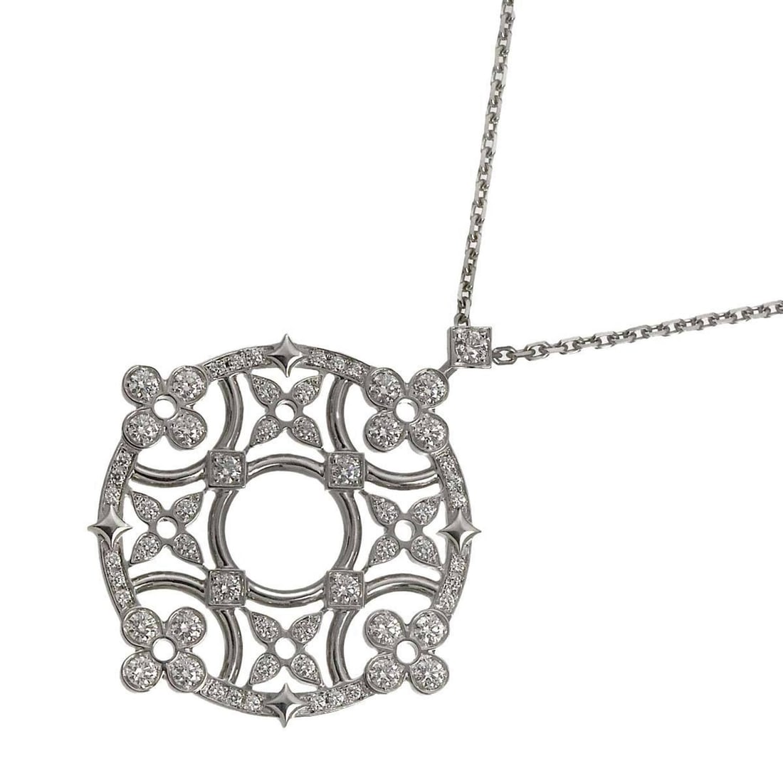 Louis Vuitton Dentelle Diamond Necklace, 79cm, 18K White Gold (750).: --- Catalog ---Category: SizePendant Size: 39.2mm x 33.9mm / 1.54'' x 1.33''Neck Circumference: 79 cm / 31.1''Category: DesignGender: WomenMaterial: White gold (18K)Necklace Type: NecklaceCategory: Ge
