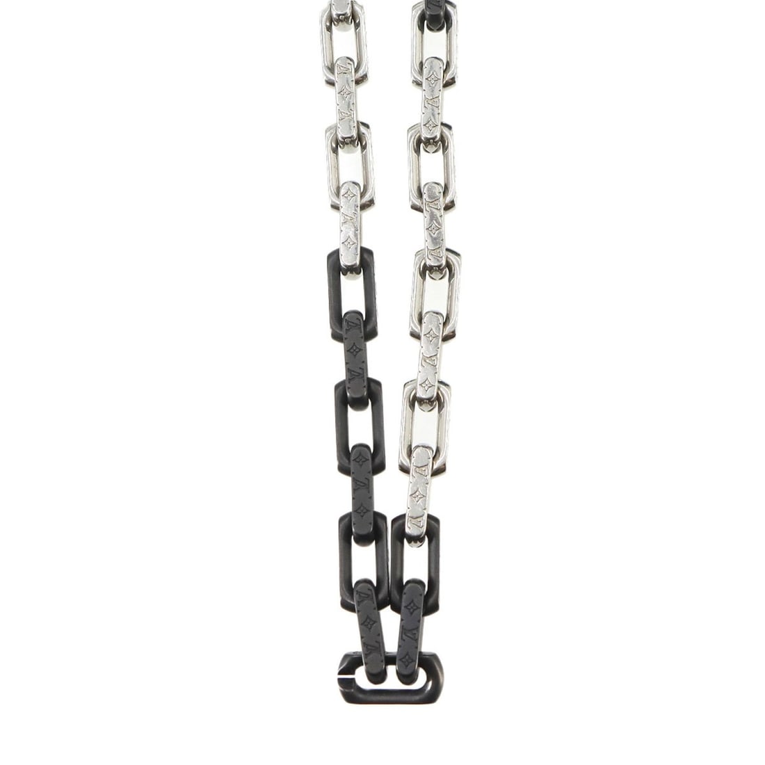 Louis Vuitton Collier Monogram Chain Necklace, Silver/Black, M00677: --- Catalog ---Category: SizeNeck Circumference: 54 cm / 21.25''Category: DesignColor: Black, SilverGender: Women,MenNecklace Type: NecklaceCategory: GeneralBrand: Louis Vuitton--- Item List ---Sectio