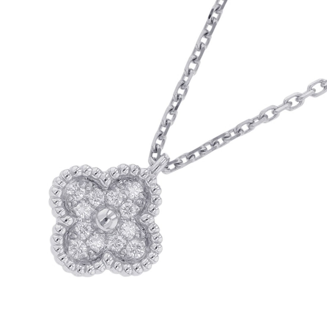 Van Cleef & Arpels Sweet Alhambra Pendant Necklace with 12 Diamonds (0.08ct total) in 18K White Gold: --- Catalog ---Category: SizeWeight: 3.3g / 0.11oz.Pendant Size: 9.4mm x 9.4mm / 0.37'' x 0.37''Neck Circumference: 38 cm - 40 cm / 14.96'' - 15.74''Category: DesignMetal: White GoldStone: DiamondGend