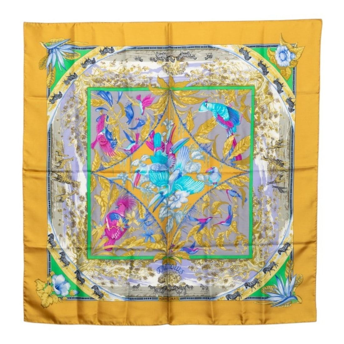 Hermes Carre 90 Tropic Scarf/Muffler, Yellow/Multicolor Silk, Women's: --- Catalog ---Category: SizeSize (LxW): 88.5cm x 87.5cm / 34.84'' x 34.44''Category: DesignType: ScarfColor: Multi-color, YellowGender: WomenMaterial: Silk Category: GeneralBrand: Hermes--- Item List