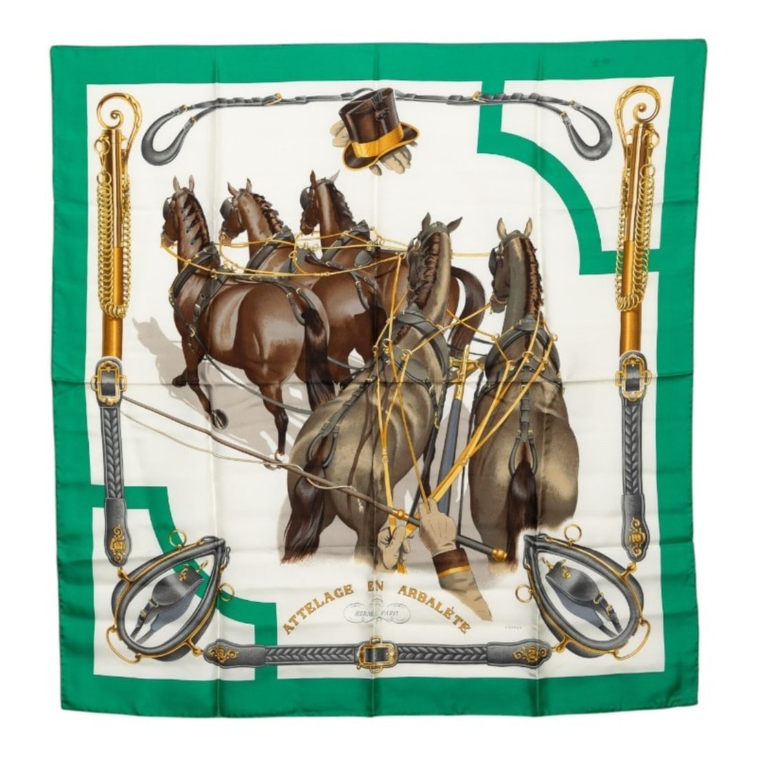Hermes Carre 90 ATTELAGE EN ARBALETE (Horse-carriage bow-shaped linked scarf/muffler) Green: --- Catalog ---Category: SizeSize (LxW): 88.5cm x 86cm / 34.84'' x 33.85''Category: DesignType: ScarfColor: Green, Multi-colorGender: WomenMaterial: Silk Category: GeneralBrand: Hermes--- Item List --