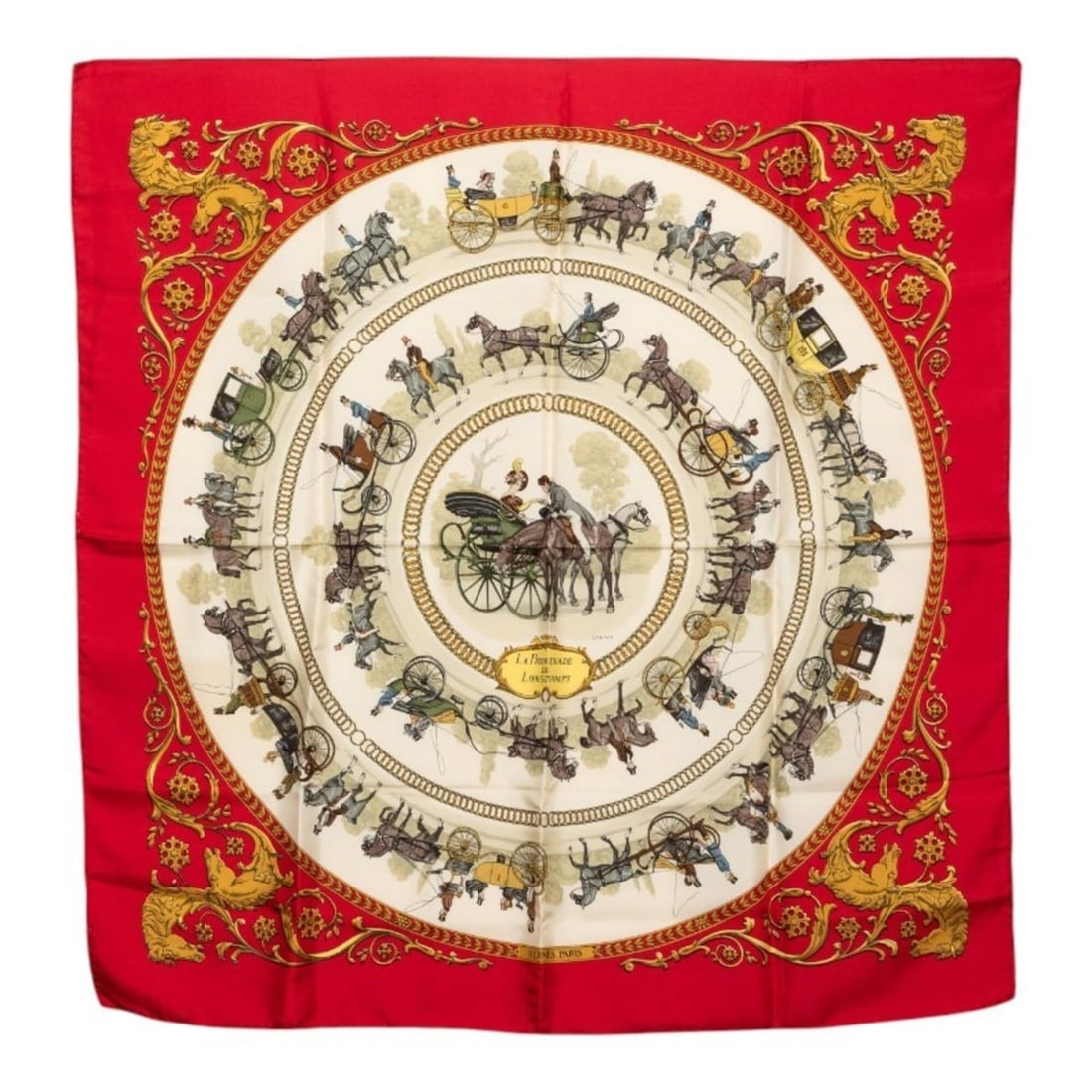 Hermes Carre 90 "La Promenade de Longchamps" Scarf/Muffler, Red Multicolor Silk, Women's: --- Catalog ---Category: SizeSize (LxW): 88cm x 88cm / 34.64'' x 34.64''Category: DesignType: ScarfColor: Multi-color, Red colorGender: WomenMaterial: Silk Category: GeneralBrand: Hermes--- Item List 