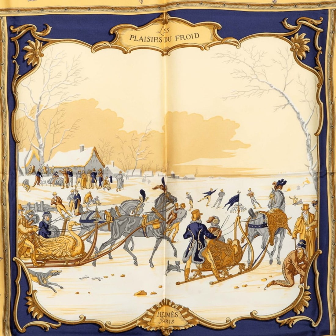 Hermes Carre 90 "Plaisirs du Froid" (Joy on Ice) Scarf/Muffler, Navy, Beige, Multicolor, Silk,: --- Catalog ---Category: SizeSize (LxW): 88.5cm x 88cm / 34.84'' x 34.64''Category: DesignType: ScarfColor: Beige, Multi-color, NavyGender: WomenMaterial: Silk Category: GeneralBrand: Hermes--- Item L